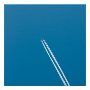 Flying airplane on a blue sky background poster
