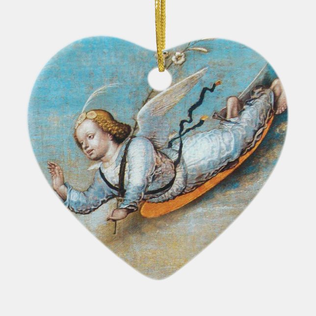 FLYING ANNUNCIATION ANGEL ,BLUE CHRISTMAS HEART CERAMIC TREE DECORATION (Front)