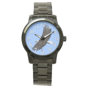 Flying Bald Eagle and Blue Sky Wildlife Wristwatch