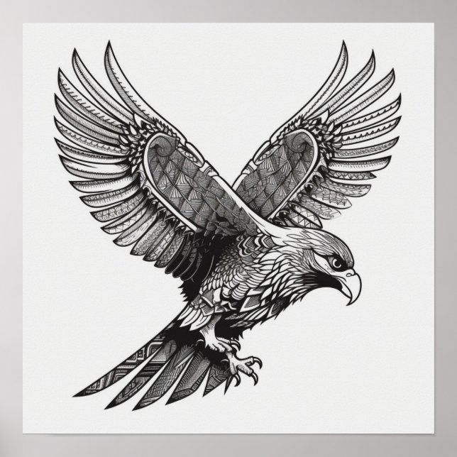 Flying Bald Eagle Black and White Art, Heart Wings Poster (Front)