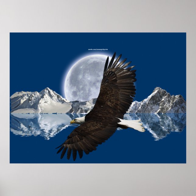 Flying Bald Eagle, Mountain & Moon Art Poster (Front)