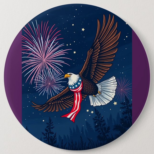Flying Bald Eagle with USA Flag Scarf & Fireworks  6 Cm Round Badge (Front)