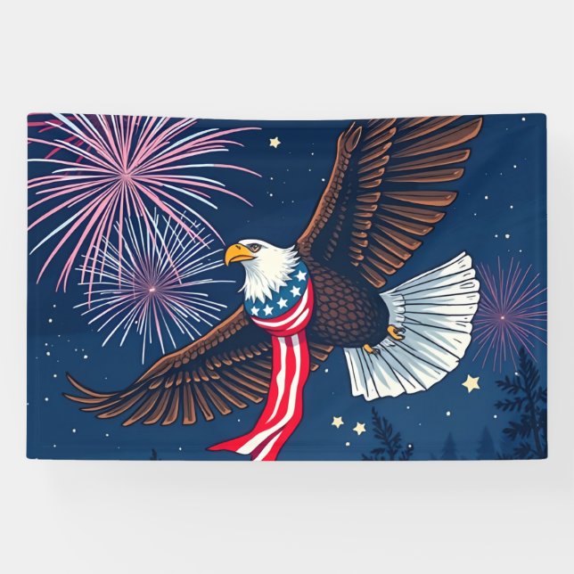 Flying Bald Eagle with USA Flag Scarf & Fireworks  Banner (Horizontal)