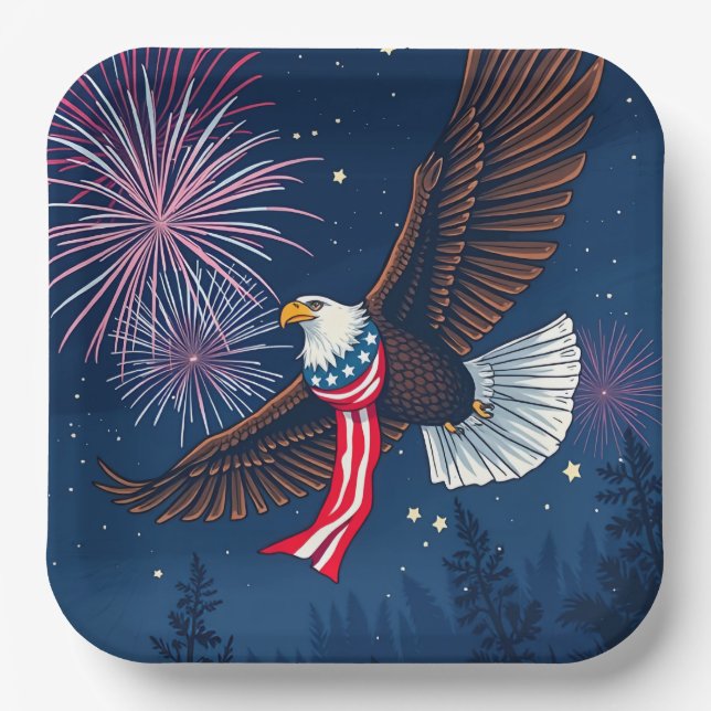 Flying Bald Eagle with USA Flag Scarf & Fireworks  Paper Plate (Front)