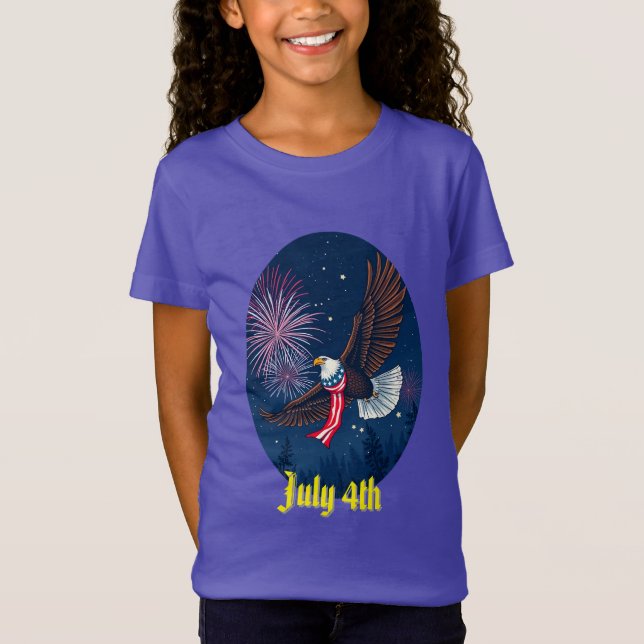 Flying Bald Eagle with USA Flag Scarf & Fireworks  T-Shirt (Front)