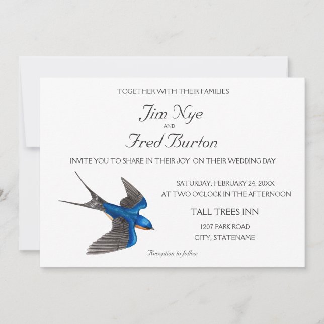 Flying Barn Swallow Wedding Invitation (Front)