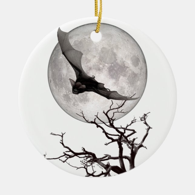 Flying Bat, Full Moon, Traditional Gothic, Vampire Ceramic Tree Decoration (Front)