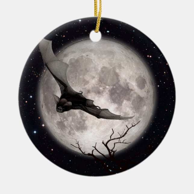 Flying Bat, Full Moon, Traditional Gothic, Vampire Ceramic Tree Decoration (Front)