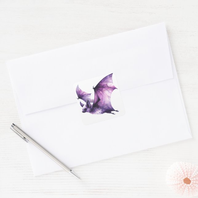 Flying Bat Purple Watercolor Square Sticker (Envelope)