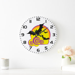 Flying Bats Halloween Night Full Moon Swirls Large Clock