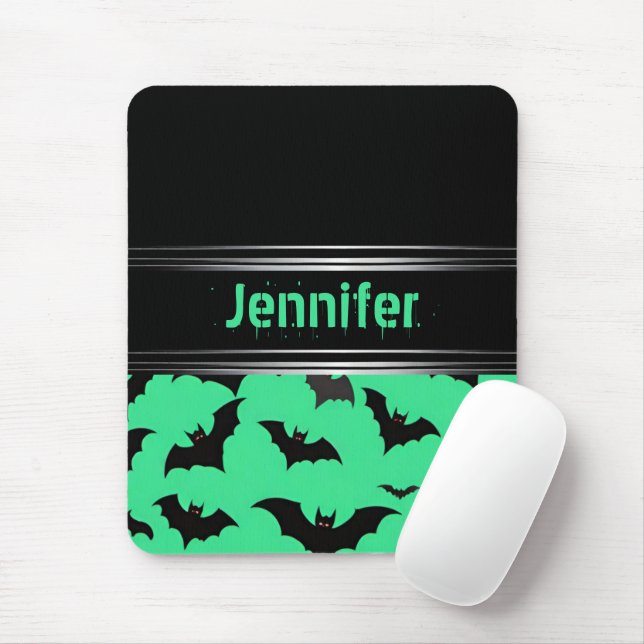Flying Bats on Green: Spooky Halloween Vibes Mouse Pad (With Mouse)