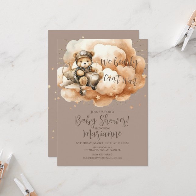  Flying Bear Baby Shower Glitter Bohemian Rustic Invitation (Front/Back In Situ)