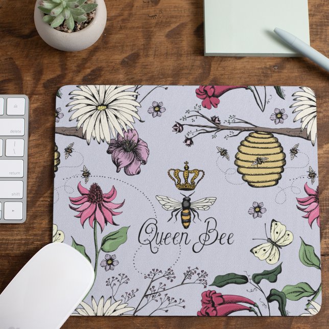 Flying Bees Queen Bee Gold Crown Floral Purple Mouse Pad (Lavender Queen Bee Royal Crown Floral Pattern with Queen Bee, Crown, Exotic flowers, bees, beehive)