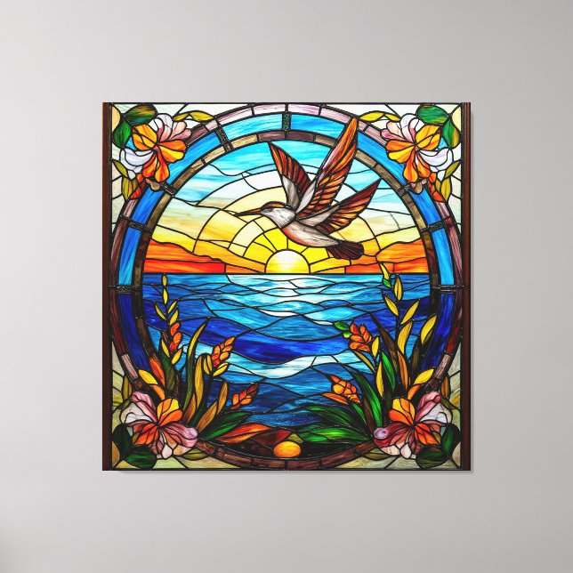 Flying Bird Over Ocean at Sunrise Canvas Print (Front)