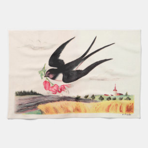 Flying Bird With Flowers Tea Towel