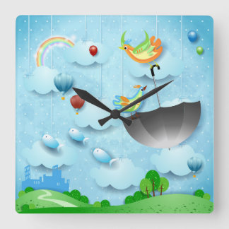 Flying birds and umbrella over the city square wall clock