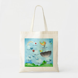 Flying birds and umbrella over the city tote bag