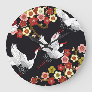 Flying Birds: Crane Heron Japanese. Large Clock