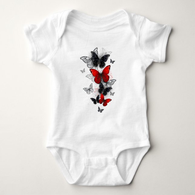 Flying Black and Red Morpho Butterflies Baby Bodysuit (Front)