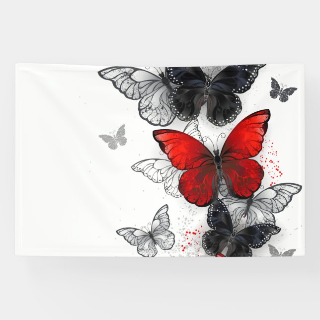 Flying Black and Red Morpho Butterflies Banner (Horizontal)