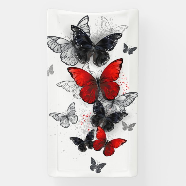 Flying Black and Red Morpho Butterflies Banner (Vertical)