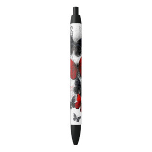 Flying Black and Red Morpho Butterflies Black Ink Pen