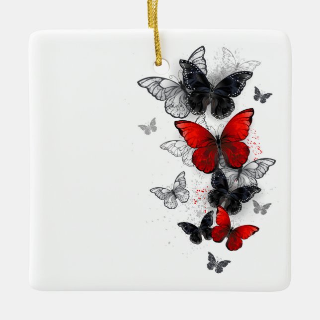 Flying Black and Red Morpho Butterflies Ceramic Ornament (Front)