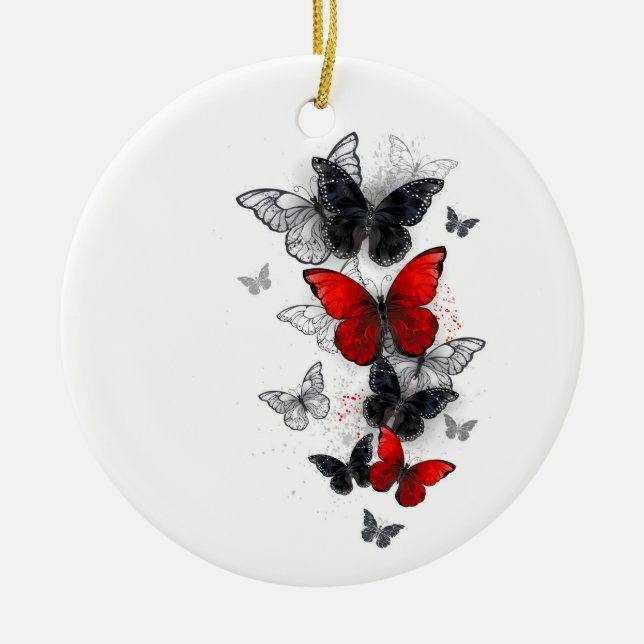 Flying Black and Red Morpho Butterflies Ceramic Tree Decoration (Front)