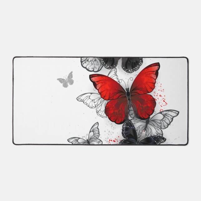 Flying Black and Red Morpho Butterflies Desk Mat (Front)