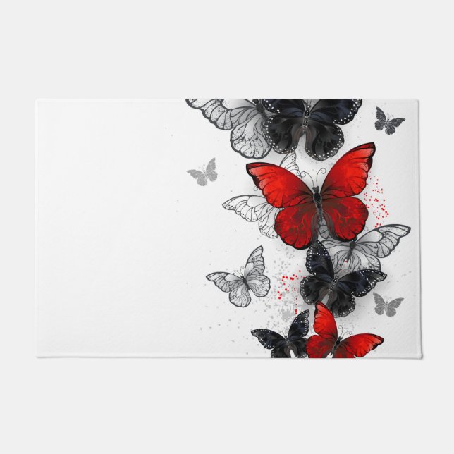 Flying Black and Red Morpho Butterflies Doormat (Front)