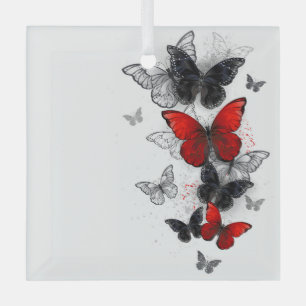 Flying Black and Red Morpho Butterflies Glass Tree Decoration