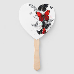 Flying Black and Red Morpho Butterflies Hand Fan