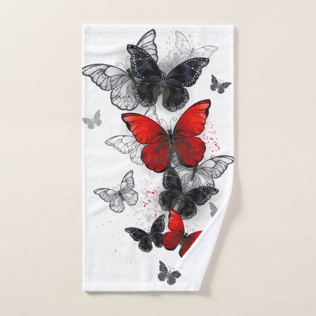 Flying Black and Red Morpho Butterflies Hand Towel (Hand Towel)