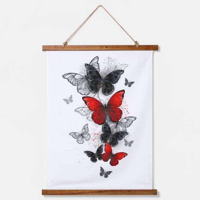 Flying Black and Red Morpho Butterflies Hanging Tapestry (Front)