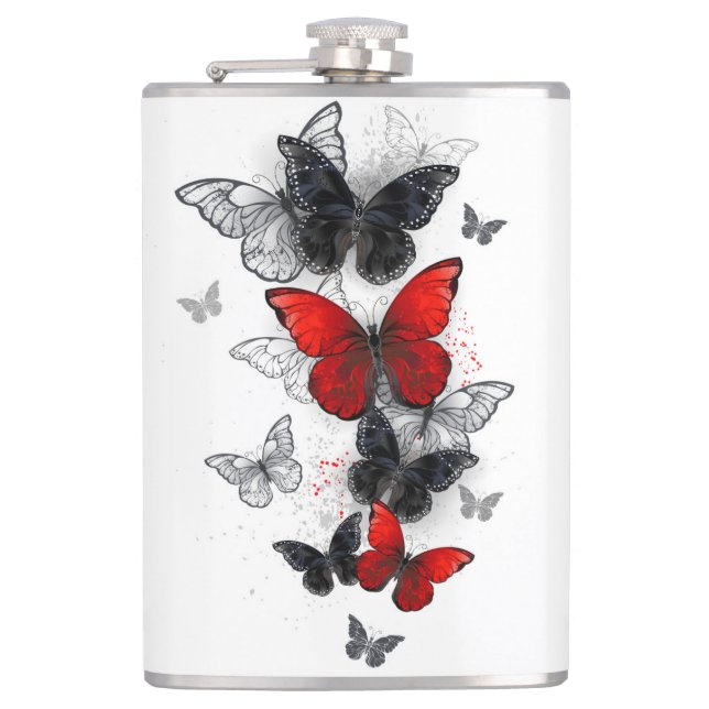 Flying Black and Red Morpho Butterflies Hip Flask (Front)
