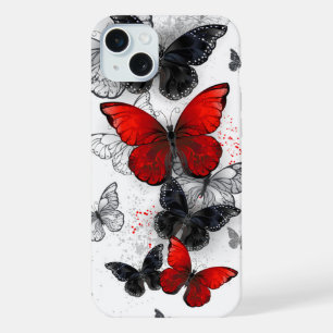 Flying Black and Red Morpho Butterflies iPhone 15 Plus Case