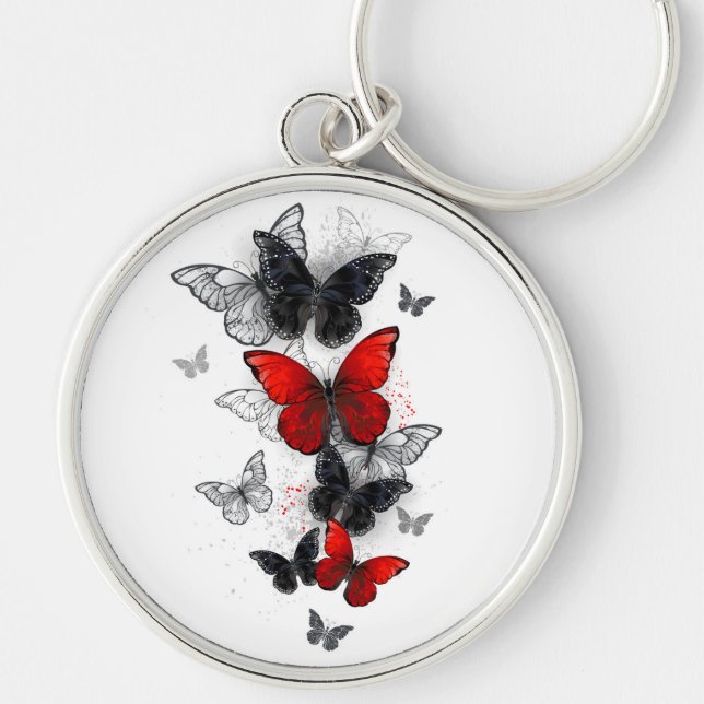 Flying Black and Red Morpho Butterflies Key Ring (Front)
