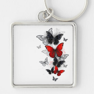 Flying Black and Red Morpho Butterflies Key Ring