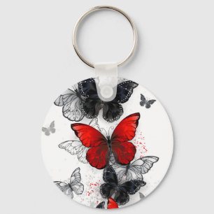 Flying Black and Red Morpho Butterflies Key Ring