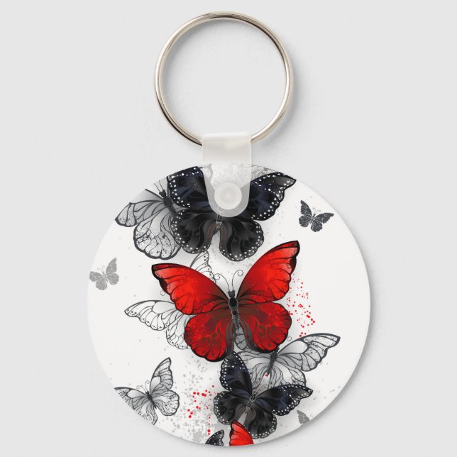 Flying Black and Red Morpho Butterflies Key Ring (Front)