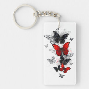 Flying Black and Red Morpho Butterflies Key Ring
