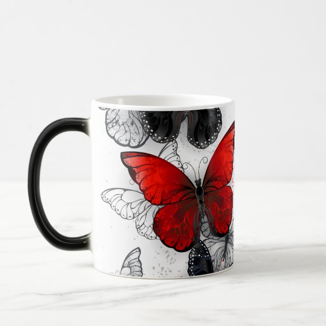 Flying Black and Red Morpho Butterflies Magic Mug (Left)