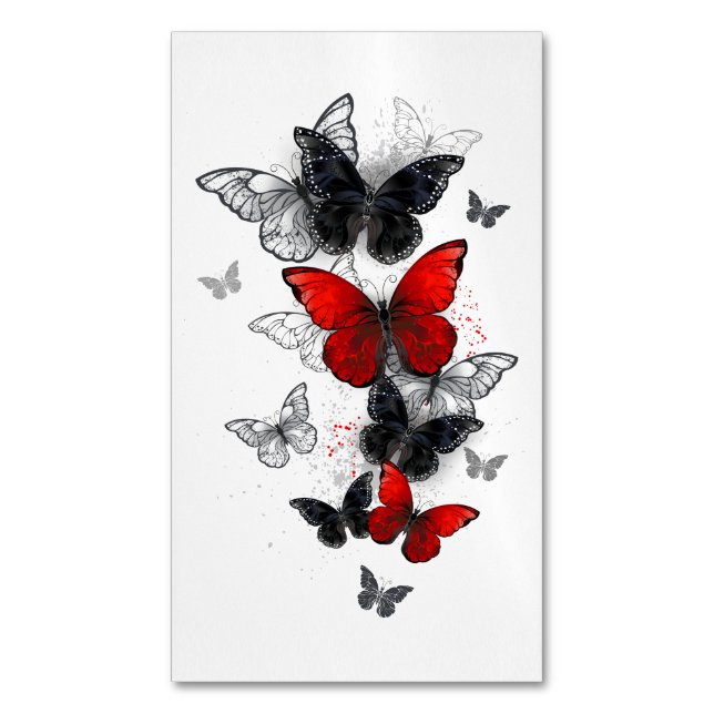 Flying Black and Red Morpho Butterflies Magnetic Business Card (Front Vertical)