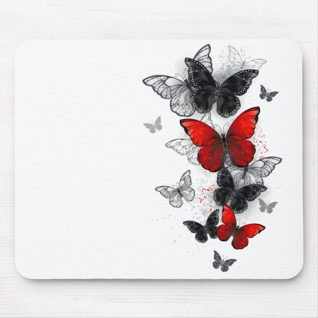 Flying Black and Red Morpho Butterflies Mouse Pad (Front)