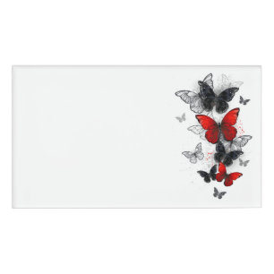 Flying Black and Red Morpho Butterflies Name Tag