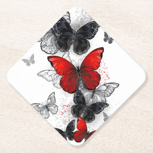 Flying Black and Red Morpho Butterflies Paper Coaster (Front)