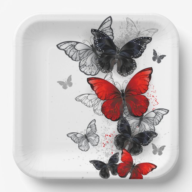 Flying Black and Red Morpho Butterflies Paper Plate (Front)