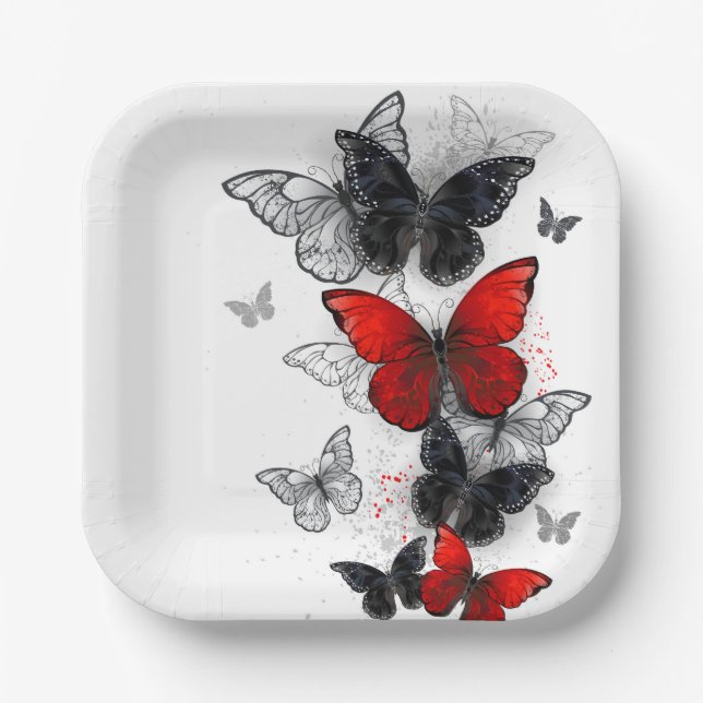 Flying Black and Red Morpho Butterflies Paper Plate (Front)