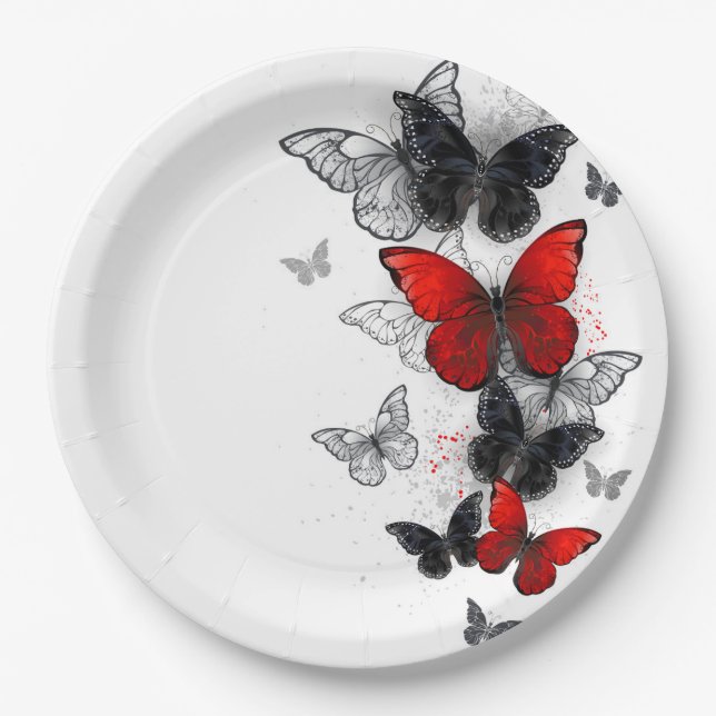 Flying Black and Red Morpho Butterflies Paper Plate (Front)
