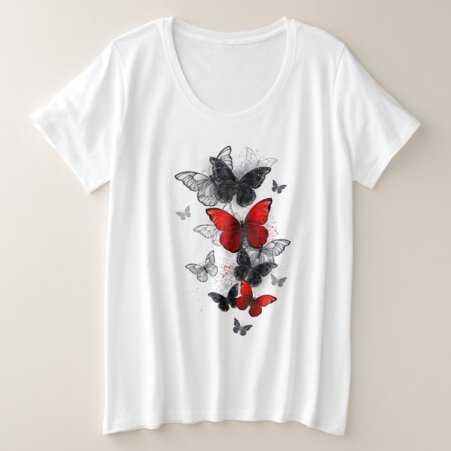 Flying Black and Red Morpho Butterflies Plus Size T-Shirt (Design Front)